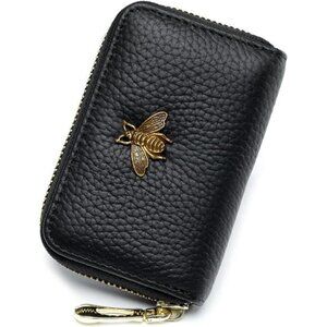 RFID Credit Card Holder, Small Leather Zipper Card Case Wallet